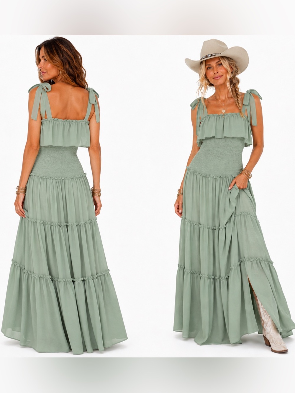 🆕 Lulu's Like a Fairy Tale Sage Green Smocked Tie-Strap Tiered Maxi Dress Large